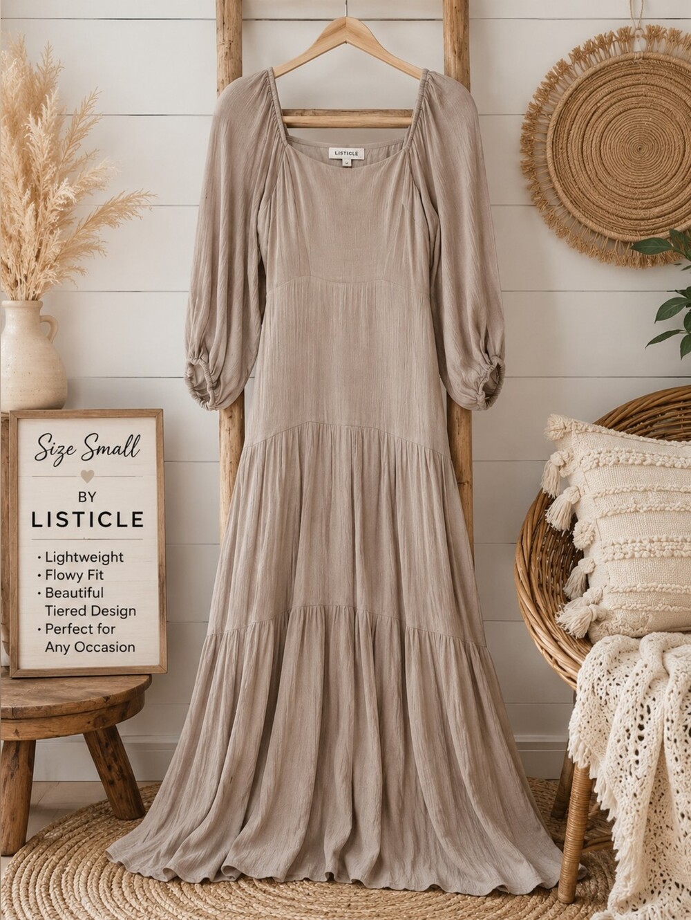 Listicle Taupe Tiered Maxi Dress with Puff Sleeves